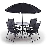 Practixx Balkonmöbelset 6-TLG mit neigbarem Sonnenschirm, Glastisch & 4 Klappstühlen Terrassenmöbelset Campingset Gartenset Balkonset schwarz anthrazit | Patioset grau Festival Garten Terrasse Balkon