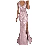 Damen Elegant Kleid Damen Pailletten Party Ballkleid Sexy Abendkleid Gold V-Ausschnitt Langes Sommerkleid (Rosa XXL)