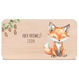 GRAVURZEILE - Bedrucktes Frühstücksbrettchen aus Holz - Hier Krümelt Fuchs - Personalisiert mit Namen - Geschenk für Kinder - Lebensmittelechter, umweltfreundlich Druck (GreenGuard Gold)