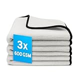Kemes Autotrockentuch Premium Mikrofaser Poliertücher, 3er Set, Grau mit Schwarzer Einfassung, Streifenfrei für Autopflege 30x30cm | 600GSM