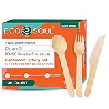 ECO SOUL 100% kompostierbares Einwegbesteck aus Holz – 175-teiliges Set mit 75 Gabeln, 50 Löffeln & 50 Messern – Biologisch abbaubares, plastikfreies Besteck für BBQ, Party, Picknick & Hochzeit
