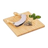 Relaxdays Wiegemesser mit Brett, Bambus & Edelstahl, zweischneidiges Kräutermesser, Kräuterbrett 25x25 cm, natur/silber