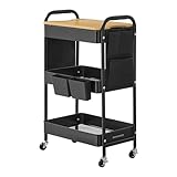 SONGMICS Rollwagen, Küchenwagen, 3 Metallgitterablagen, Servierwagen, 2 abnehmbare Hängebehälter, 2 Organizer, für Büro, Küche, Wohnzimmer, Badezimmer, tintenschwarz LRC036B01