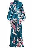 BABEYOND Damen Morgenmantel Maxi Seide Satin Kimono Kleid Pfau Muster Bademantel Damen Robe Schlafmantel Girl Pajama Party 135cm Lang (Türkis)