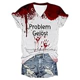 Problem Gelöst Print Halloween Tshirt Damen I'm Fine Blood Kurzarm V-Ausschnitt T Shirt mit Blutigem Bedrucktes Shirts Blut Verletzung Halloween-Kostüm Horror Leicht T-Shirt Tops Oberteil