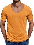 ORANDESIGNE Tshirt Herren Sommer T-Shirt V-Ausschnitt Regular Fit Kurzarm Freizeitshirt Atmungsaktiv Tee Shirt A Orange XL