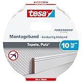 tesa Montageband Tapete&Putz, 10 kg Haltekraft pro Meter - starkes, doppelseitiges Montageklebeband zur Befestigung auf Gips und Tapeten - 5 m x 19 mm