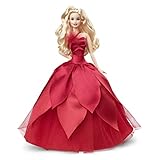 Barbie HBY03 - Signature Holiday Puppe 2022 (Blonde Haare) im roten Kleid, mit rotem Lippenstift und goldenen Ohrringen, Spielzeug für Kinder ab 6 Jahren