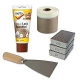 Molto Holz-Lack-Spachtel Set, 225g Spachtelmasse, Schleifschwamm 80/180/280 Körnung, Spachtel mit Holzgriff, Malerkrepp