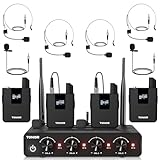 TONOR UHF Mikrofon Kabellos Set mit 4 Bodypack Transmitter/Headset/Lavalier Wireless Microphone, 4x5 Frequenzen 60m Reichweite Funkmikrofon für Gesang Karaoke Kirche DJ PA System Lautsprecher, TW364