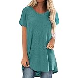Minetom Tshirt Damen Oversize Kurzarm Locker Sommer Longshirt Oberteile Sommer Tee Shirt Tunika Casual Shirt Lässig Basic Bluse Einfarbig Sweatshirt Sommershirts Für Frauen A blau L