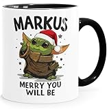 MoonWorks® Kaffee-Tasse Weihnachten personalisiert Baby Yoda Geschenk lustig Spruch mit Namen weiss-innen-schwarz standard