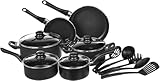 Herzberg HG04241, Antihaft-Kochgeschirr 13-teilig, Schwarz, Langlebiger Kohlenstoffstahl, Bequeme Griffe, Gehärtete Glasdeckel, Geeignet für alle Herdarten, Spülmaschinenfest