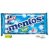 Mentos Kaubonbons Mint, Dragees mit Pfefferminz-Geschmack für frischen Atem, Multipack, Bonbon Vorrats-Packung, Verkaufsdisplay (4 Rollen), vegan