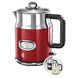 Russell Hobbs Wasserkocher [1,7l, 2400W] Retro Rot und polierter Edelstahl (Schnellkochfunktion, Wassertemperaturanzeige im Retrodesign, außenliegende Wasserstandsanzeige) Vintage Teekocher 21670-70