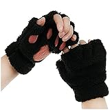 Topgrowth Handschuhe Damen Kawaii Katzenhandschuhe Plüsch Kunstfell Cosplay Katzenpfoten Fingerlose Handschuhe Mädchen Halbfingerhandschuhe aus Stoff, Schwarz , Einheitsgröße