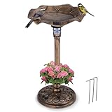 COSTWAY Vogeltränke mit Solarleuchte, Blumentopf, Wasserschale & Ständer, Vogelfutterstation Retro, Futterspender Vogelfutterspender, Wildvögel Vogelbad Garten Hof Terrasse, Ø43x76cm (Bronze)
