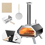 GOPLUS Outdoor Pizzaofen, Gartenofen aus Edelstahl mit Pizzastein, Pizzaschieber & Thermometer, tragbarer Holzofen mit faltbaren Beinen für Party, Camping & Picknick, 51 x 38,5 x 83cm, Schwarz