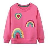 Dioshark Mädchen Sweatshirt Baumwolle Weich Pullover Regenbogen Herz Glitzer Pailletten Rose Rot T-Shirts mit Langarm Rundhals Frühling Pulli Casual Warm Oberteile für Kinder Alter 5-6 Jahre