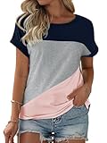 Fisoew Damen T-Shirt Rundhals Farbblock Kurzarm Shirt Casual Oberteil Sommer Locker Baumwolle Tee Tops (Rosa, L)