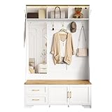 Garderoben Set Wandgarderobe mit Spiegel und Haken für Flur, Wohnzimmer, 120×40×187cm, Flurgarderobe Set Garderobenschrank mit 2 Schubladen und 2 Türen, Holzfarbe+Weiß