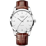 LIGE Herren Uhren Wasserdicht Quarz Armbanduhren Für Herren Edelstahl Männer Uhr Mit Datum Lederarmband Retro Business Men's Watches,Silber Weiß