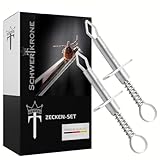 Schwertkrone Zeckenzange mit Haltebügel Metall 2er Set - Zeckenentferner mit Feder, Zeckenset für Mensch, Katze und Hund aus hygienischem Edelstahl