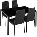 tectake Essgruppe Set Tisch und Stühle, Esstisch und 4X Stuhl, strapazierfähiges Kunstleder, Tischplatte aus Sicherheitsglas, Küchenstühle modern, Küche - schwarz