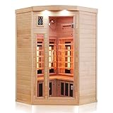 Dewello® Infrarotkabine Infrarotsauna LAKEFIELD 140cm x 140cm für 2-3 Personen aus Hemlock Holz mit Vollspektrumstrahler, LED-Farblicht, Bluetooth, FM,MP3,USB