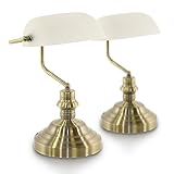 bmf-versand® Bankerlampe Weiß Messing Retro als 2er Set - Schreibtischlampe LED mit Weißem Glas Lampenschirm - Banker Tischlampe Büro - Schreibtischleuchte mit Leuchtmittel E27