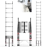 5M Teleskopleiter Klappleiter mit Haken, Edelstahl Verstärkt Leiter Ausziehbar, Tragbare Klappleiter Stehleiter Teleskop-Design mit Rutschfesten Gummifüßen, für Garten und Innen, Tragkraft 150kg