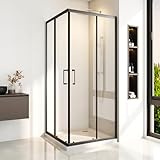 Duschkabine Eckeinstieg 75x80x185cm Schwarz Eckeinstieg Dusche Doppel Schiebetür Duschabtrennung Duschschiebetür aus 6 mm Sicherheitsglas (ESG),Langer Stiel