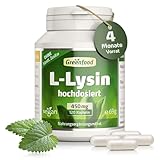 L-Lysin, hochdosiert, 450mg - 120 Kapseln, vegan. Essentielle Aminosäure – gewonnen durch natürliche Fermentation. OHNE künstliche Zusätze - laborgeprüft. Von Greenfood.