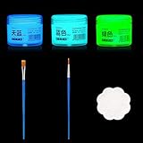 Nurila Fluoreszierende Farbe Set, 3 Leuchtfarbe mit 2 Pinsel und 1 Palette, Glow in the Dark Farbe, Leuchtfarben Nachtleuchtend für Graffiti, Wandmalerei, DIY-Kreationen, Glas (Himmelblau, Blau, Grün)