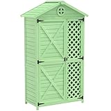Holz Aufbewahrungsschuppen mit Tür,Metall Gerätehaus mit Dach, Wetterfest, Verblassungsfrei, Sicher und Geschützt für Kleine Gärten Geeignet, Hinterhof Terrasse.90×56.5×175.3 cm,Green