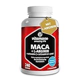 Maca Kapseln hochdosiert 4000 mg je Tagesdosis + L-Arginin + Vitamine + Zink, 240 Kapseln, Pulver aus der Maca Wurzel für 2 Monate, Pflanzliche Nahrungsergänzung ohne Zusätze, Made in Germany