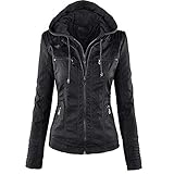 Newbestyle Kapuzen Kunstleder Damen Jacke mit Reißverschluss Motorradjacke Bikerjacke Kapuzenjacke Übergangsjacke Ladies Oberbekleidung (Normale EU-Größe)- Gr. L/42, Schwarz