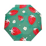 GAIREG Sommer-Regenschirm, Erdbeeren, Blumen, Grün, Reise-Regenschirm für Regen, klein, kompakt, tragbar, faltbar, automatisches Öffnen