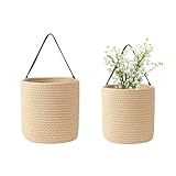 2er Set Baumwollseil-Hängekörbe - Wandkorb & Aufbewahrungskorb (20x18cm + 18x16cm), Hängeorganizer mit Griff für Bad/Küche/Balkon, als Blumentopf Wand oder kleiner Korb mit Henkel (Khaki)