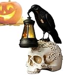 Figur Rabenschädel, Statue auf Schädel, Halloween-Dekoration – Skulptur aus Kunstharz mit Solarlaterne, Halloween-Dekoration und Büro, für drinnen und draußen