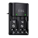 EBL Akku Ladegerät für AA AAA 9V NIMH Akkus, 4-Ladefach Smart Plug Batterieladegerät, Multi-Schutz, LED-Anzeige, Schnellladegerät für AA AAA 9V