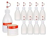 10 Plastikflaschen 100 ml aus LDPE, natur, G18, Tropfverschluss, rotes Halteband und Käppchen