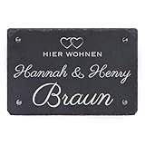 LAUBLUST Türschild Schiefer Personalisiert - Herzen Motiv - Haustürschild mit Name - 3 Größen, 4 Edelstahl Wandhalter