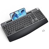 GAMCATZ Ergonomische kabellose Tastatur mit Handgelenkauflage, niedriges Profil, Handy-/Tablet-Halterung, leises Design, Windows und Mac OS, kabellose USB-Computer-Tastatur in voller Größe für