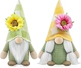 Godeufe 2er Set Sommer Wichtel Figuren Blume Frühling Dekoration Handgemachte Skandinavisches Tomte für Party Bauernhaus Home Tischdekoration (Gelb, Grün)