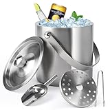 Banaone 2L Eiswürfelbehälter, Doppelwandiger isolierter Edelstahl-Eiskübel mit Deckel, Schaufel, Zange & Sieb, Ideal für Cocktailbar, Partys, Wein kühlen, Champagner