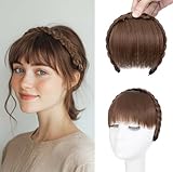 S-noilite Stirnband mit Pony Fransen, Front Haar Pony Perücken Stirnband, Synthetische geflochtene Haarverlängerungen Haarteil,Hellbraun