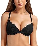 DOBREVA Damen Push Up BH Mit Spitze Gepolstert Plunge Bügel Vollschalen BHS Gemoldete Cups Schwarz 90A