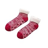 TDEOK Damen Winter verdickte -Socken rutschfeste kurze Bodensocken Häkel Socken (Red, One Size)