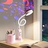 Asfrode Kinder Schreibtischlampe, Nachtlicht mit Sternprojektion LED Leselampe Dimmbar Wiederaufladbar Schwanenhals Nachttischlampe für Kinderzimmer Einschlafhilfe Geschenkidee